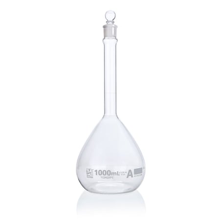 Globe Scientific Flask, Volumetric , Globe Glass, 1000mL, Class A, To Contain (TC), ASTM E288, 1/Box 8201000